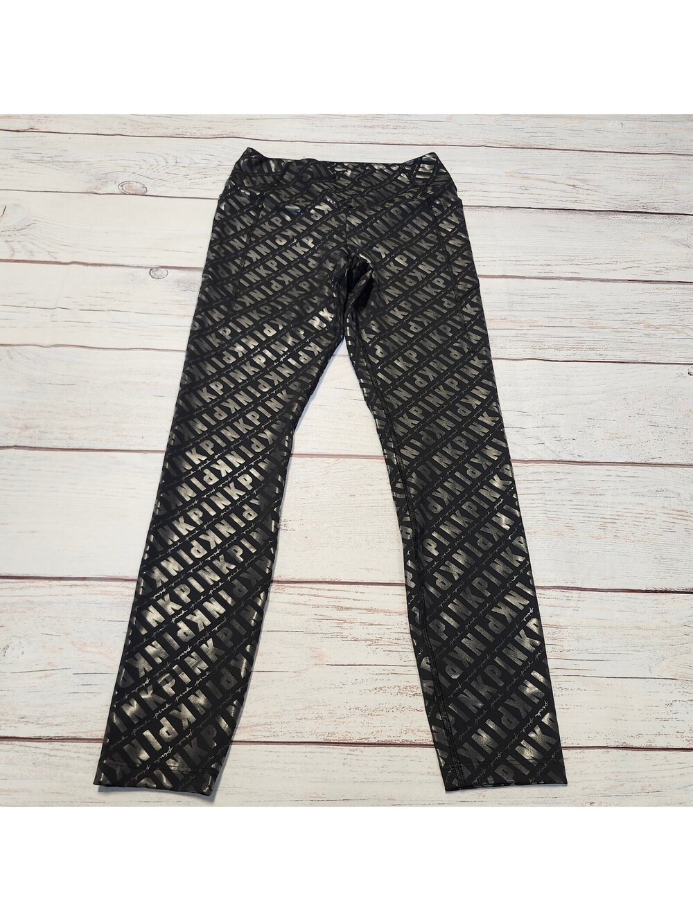Pink Active Black Leggings with Silver Logo Print Size Medium